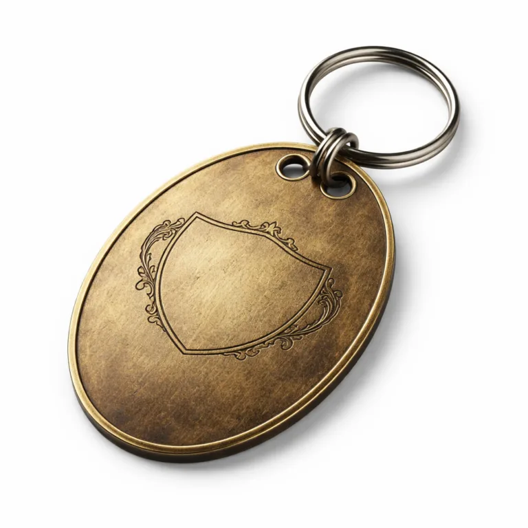 Antique brass finished oval luggage tag, showcasing an etched blank emblem, rounded corners, double hole design at the top, and attached with a split ring.