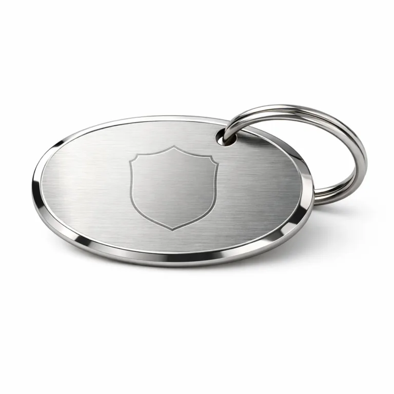 Brushed stainless steel oval luggage tag featuring a mirror polished beveled edge, central blank laser engraved emblem, and a durable stainless split ring for attachment.