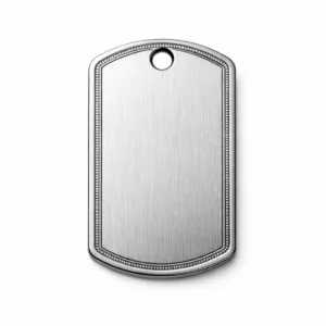 A premium brushed stainless steel dog tag featuring a modern rectangular design with rounded corners and a highly detailed deep laser engraved border. It includes a single hole suitable for a chain attachment, showcasing a professional look on a pure white studio background.