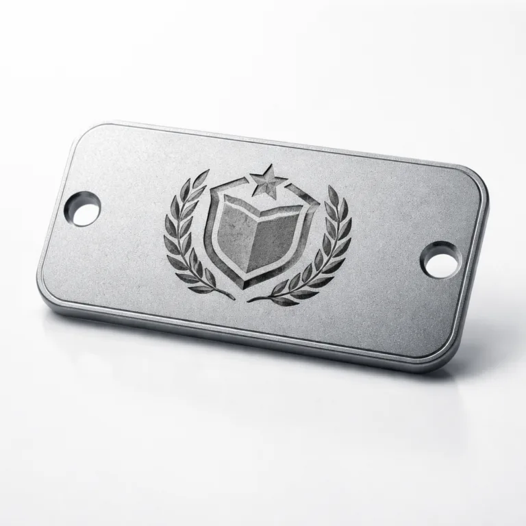 An anodized aluminum logo tag with a sandblasted matte surface, rounded corners, and precise laser engraved emblem. Features double side holes for secure attachment to products.