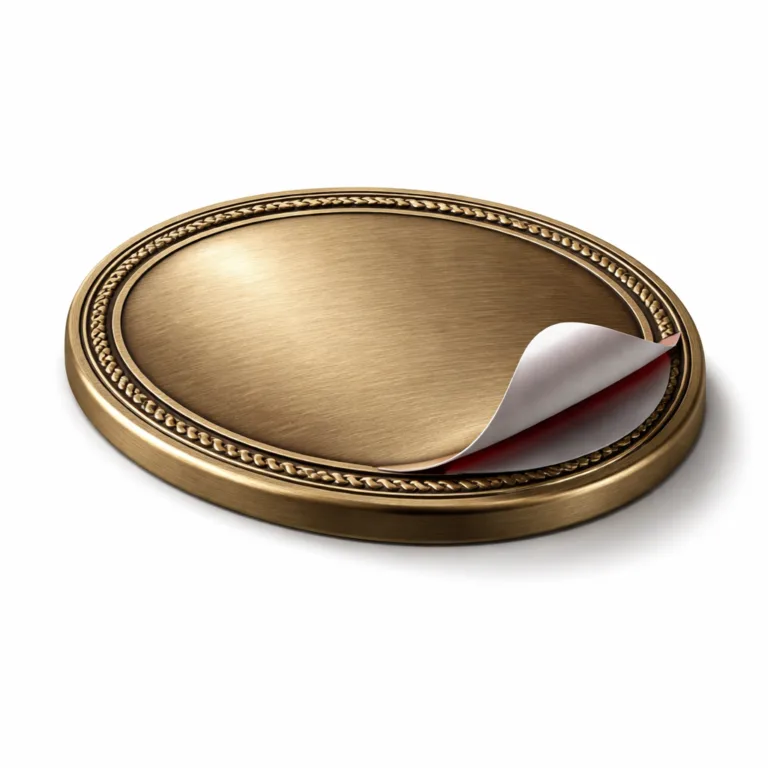 A vintage-style premium logo tag with antique brass finish, accented by precision-etched border detail. The thicker profile and adhesive backing allow easy, durable application.