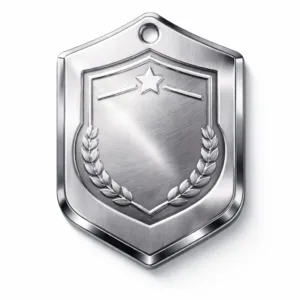 A brushed stainless steel logo tag with mirror polished finish, beveled edge, and a single top hole for versatile mounting. Features a raised, blank emblem shape for custom branding.