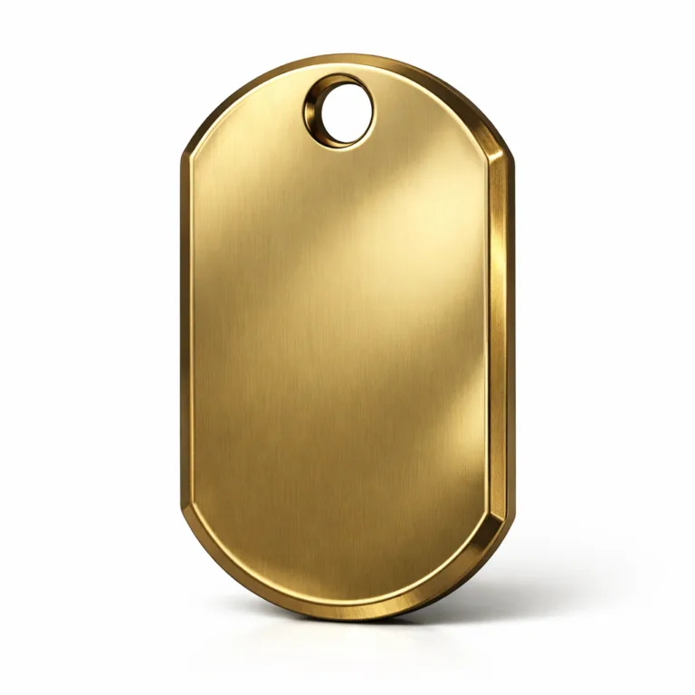 A classic antique brass dog tag with a highly polished reflective surface, finished with a chamfered edge to add elegance. The front displays a laser-engraved blank emblem shape, ready for personalized details.