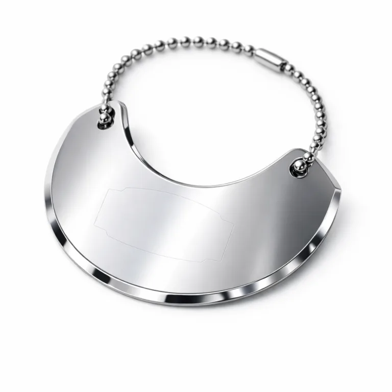 Premium event wine tag crafted in anodized aluminum, mirror polished to a reflective finish with sleek beveled edges. Features a subtle laser engraved blank logo outline and single ball chain attachment.