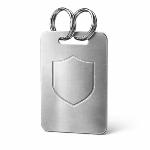 Premium event wine tag manufactured from brushed stainless steel, featuring rounded corners, an embossed blank emblem shape at the center, and a durable double split ring attachment for easy hanging. Ideal for elevating event presentation.