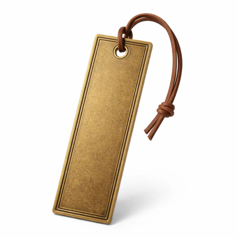 A classic bookmark tag in antique brass, featuring a thicker profile and an elegant debossed border accent for a vintage-inspired presentation.
