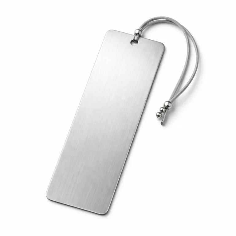 A sleek bookmark tag crafted from brushed stainless steel, featuring rounded corners and a fine horizontal brushed texture for a contemporary look.