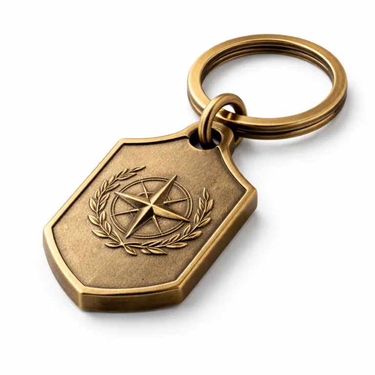 An antique brass keychain tag with a sandblasted matte finish and a noticeably thicker profile, enhancing its tactile feel. Shows a debossed emblem for visual interest, complete with a robust split ring. Classic style matched with a rugged touch.