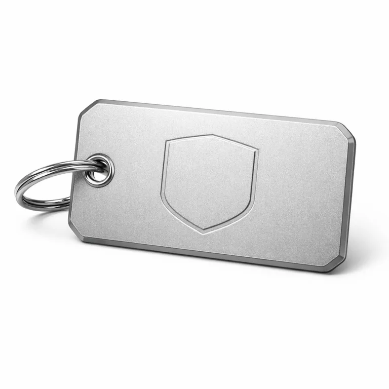Premium aluminum luggage tag finished with a sandblasted matte look, chamfered edges, and a debossed blank emblem for a clean aesthetic. Comes with a hole suitable for a split ring attachment, presenting a polished gift option.