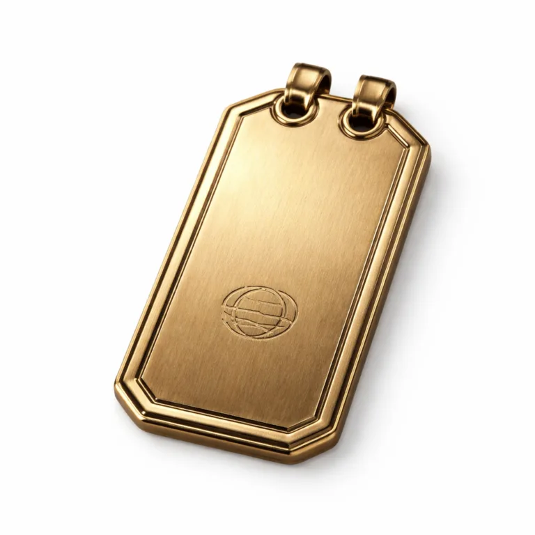 A classic antique brass luggage tag made by die casting, featuring a mirror polished raised border and thick profile. Etched with a subtle blank emblem and designed with double holes for secure rivet attachment.