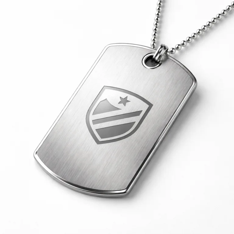 A premium gift luggage tag crafted from brushed stainless steel with a modern beveled edge. Features a subtle, laser-engraved emblem shape on the front and a single hole for ball chain attachment. Ideal for personalization and professional use.