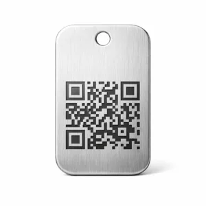 Brushed stainless steel bag tag showing a high-resolution laser engraved QR code area, with smooth rounded corners and one attachment hole at the end.