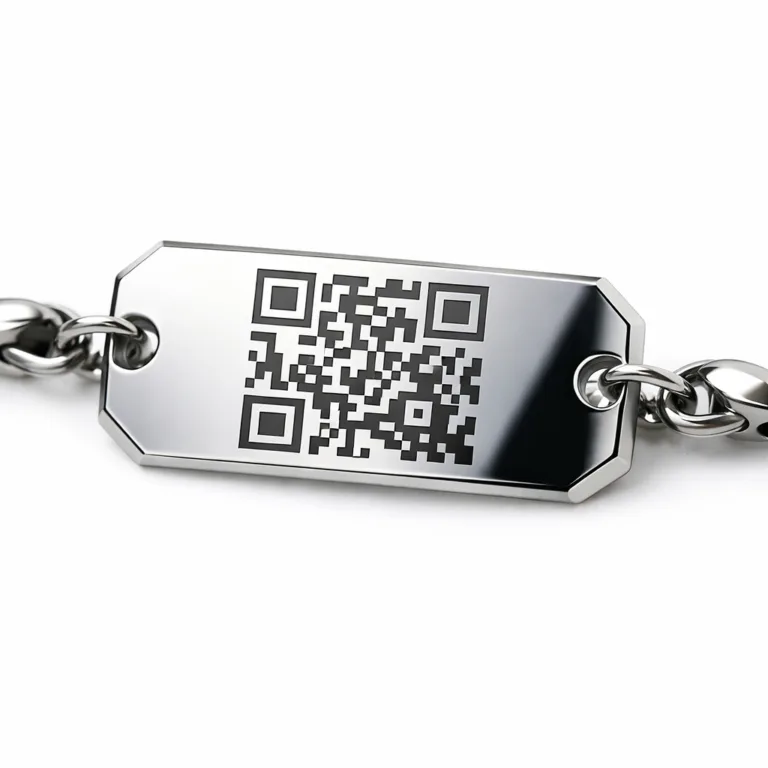 A mirror polished anodized aluminum bracelet tag featuring etched QR code details and a clean beveled edge. Photographed for e-commerce on a studio white background.