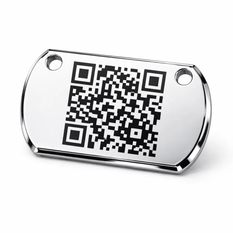A high-gloss QR code dog tag constructed from anodized aluminum with a mirror polished surface. The tag is designed with a beveled edge and two holes for secure attachment using a split ring. The surface showcases a subtle, non-readable QR design, emphasizing style and function.