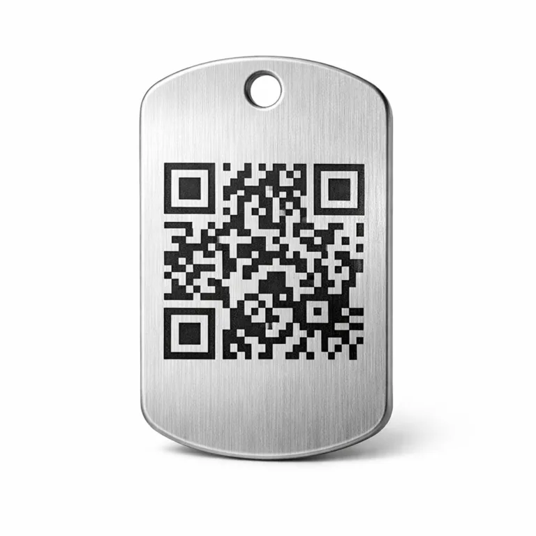 A QR code dog tag made from brushed stainless steel, featuring rounded corners and a precisely laser engraved QR code. The tag has a single hole designed for a standard ball chain, and its brushed texture adds a modern, durable appeal. Perfect for pet identification or tracking purposes.