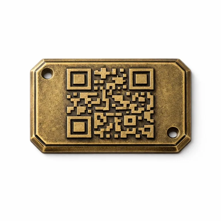 A detailed photo of a QR Code Logo Tag finished in antique brass, featuring a raised embossed emblem in the center and classic beveled edges. The tag includes two small sewing holes for easy attachment to fabrics, suitable for vintage-inspired branding solutions.