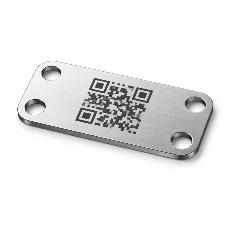 A high-realism product image of a QR Code Logo Tag crafted from brushed stainless steel. The tag displays a subtle unbranded laser-engraved emblem, features rounded corners for a modern look, and has double holes for versatile attachment. Ideal for showcasing durable, contemporary metal logo tags.