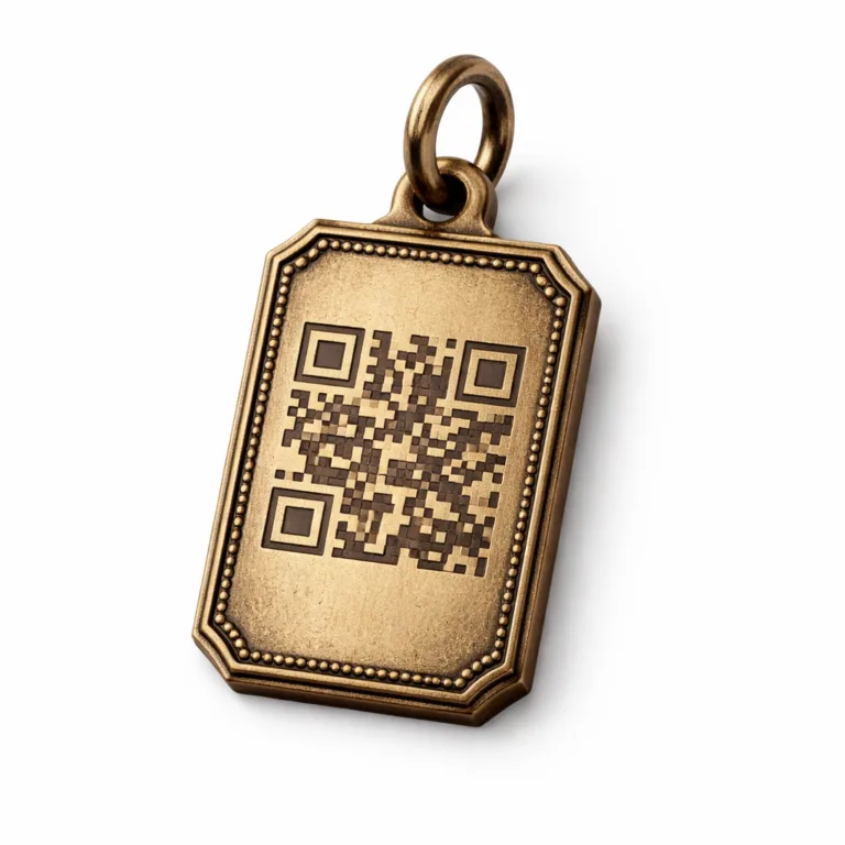 Vintage-style QR wine tag manufactured from antique brass with sandblasted matte texture and embossed border, paired with a chamfered edge for sophisticated character.