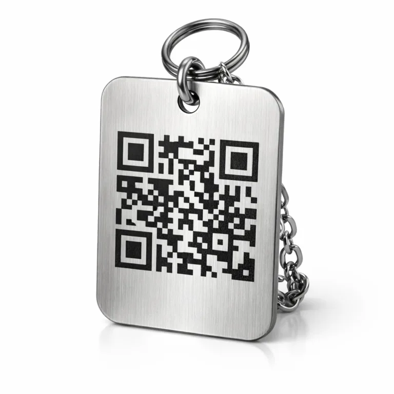 A high-quality brushed stainless steel wine tag with precision laser engraving and rounded corners. Ideal for QR code display on bottles, offering durability and modern appeal.