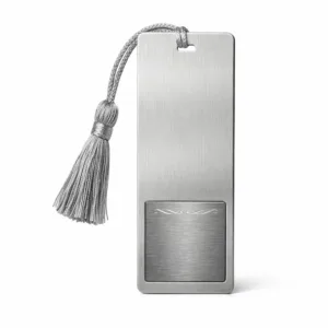 A high realism product photo of a brushed stainless steel bookmark tag, featuring rounded corners and a laser engraved quote panel. Ideal for use as an elegant and durable metal bookmark.