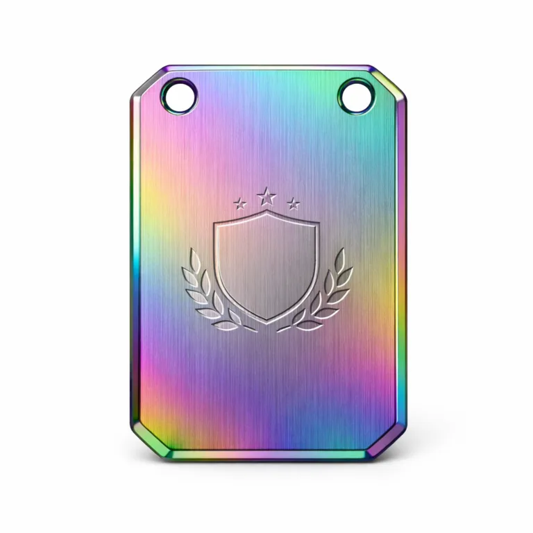 A brushed stainless steel dog tag with a rainbow PVD coating, beveled edges, double attachment holes at the top, and a laser engraved blank emblem shape on the front. Shot in a white background studio style for clear e-commerce display.
