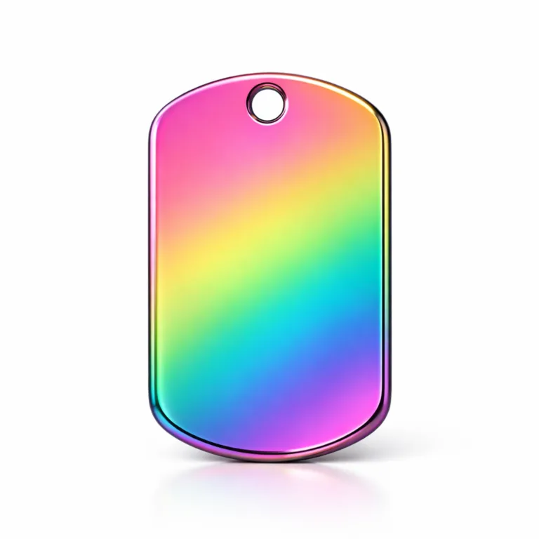 A stainless steel dog tag with an iridescent rainbow PVD mirror polished finish, featuring smooth rounded corners and a single top hole for a chain. Photographed in a sharp, high-realism studio setting against a white background.