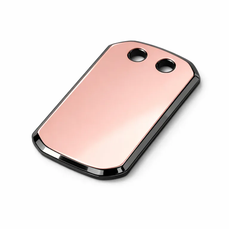 This anodized aluminum bag tag showcases a matte black nickel finish with a mirror polished surface, sleek beveled edge, and two holes for a secure split ring or chain attachment. Designed for modern and sleek bag labeling.