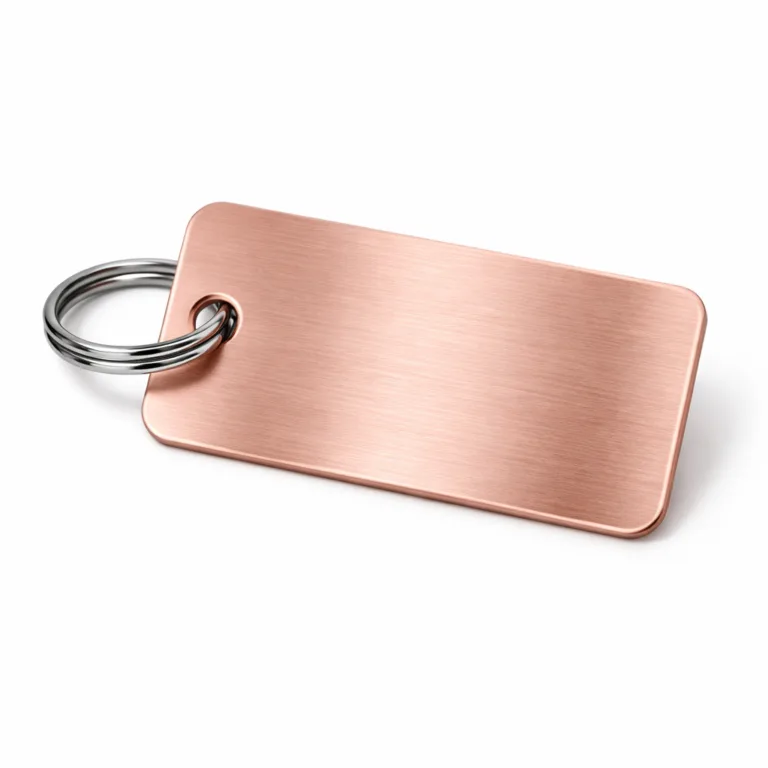 A brushed stainless steel bag tag featuring a satin surface, rectangular design with gently rounded corners, and a single hole for attaching a ring or chain. The tag is perfect for durable and stylish identification on bags.