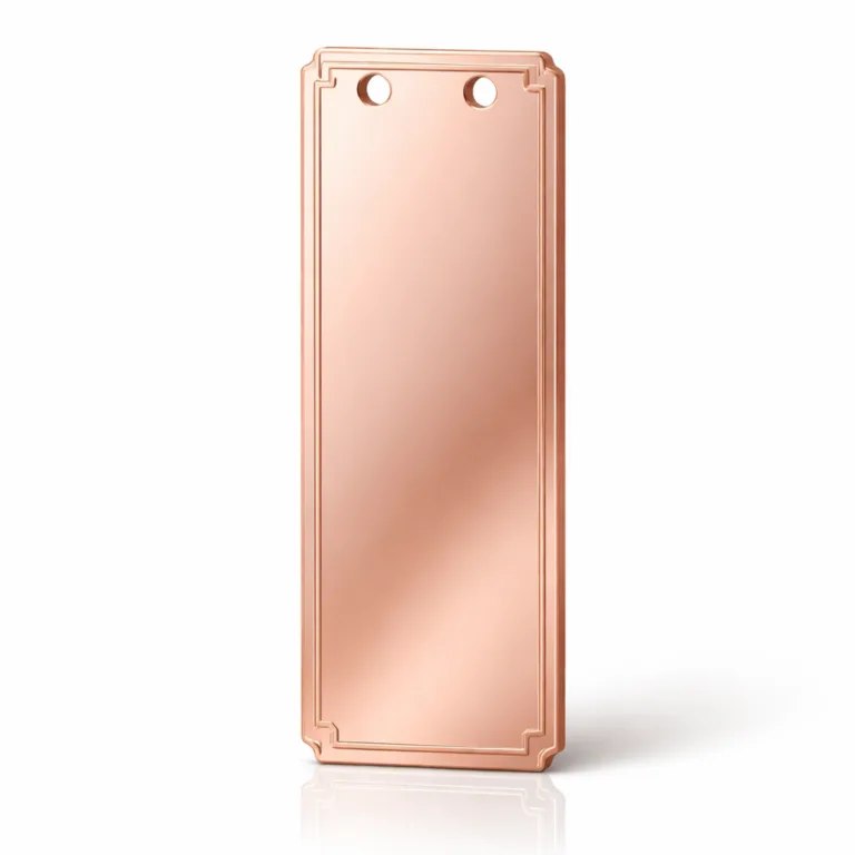 A lightweight anodized aluminum bookmark tag in mirror polished rose gold, highlighted by beveled edges and an elegant etched border. Features dual holes at the top for versatile attachment.