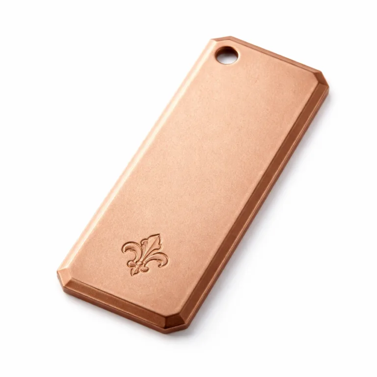 This antique brass bookmark tag has a matte sandblasted finish for a vintage look, chamfered edges, a single attachment hole at the top left, and a deep debossed emblem for subtle branding.