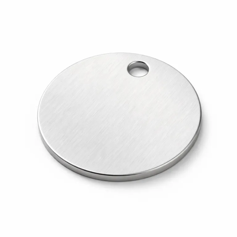 Realistic photo of a round bracelet tag crafted from brushed anodized aluminum, matte surface, featuring a single hole for attachment, shown against a clean white background.