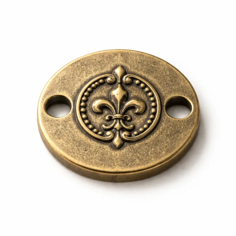 Studio shot of an antique brass round bracelet tag featuring a sandblasted matte texture, embossed emblem design, and two holes for bracelet integration, on a seamless white backdrop.