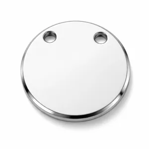 High realism studio image of a polished stainless steel round bracelet tag, featuring a sleek beveled edge and double holes for secure bracelet attachment, photographed on a white background.