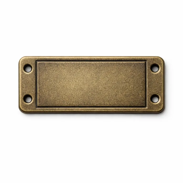 This antique brass serial number bag tag features a sandblasted matte surface and a debossed border around the edges for added detail. Designed with two smaller sewing holes for secure attachment to fabric bags.