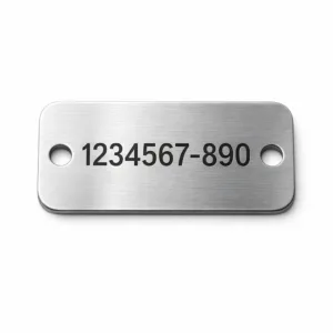 A brushed stainless steel bag tag designed for serial number marking, showcasing crisp laser engraved details and rounded corners. The tag comes with two attachment holes, ideal for secure fastening to bags.