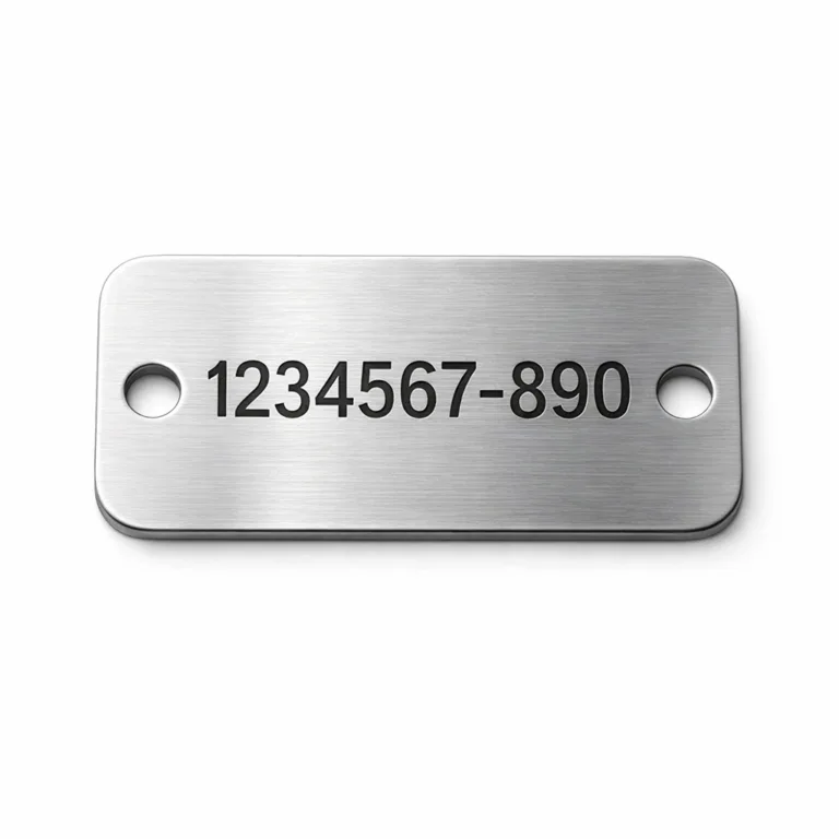 A brushed stainless steel bag tag designed for serial number marking, showcasing crisp laser engraved details and rounded corners. The tag comes with two attachment holes, ideal for secure fastening to bags.