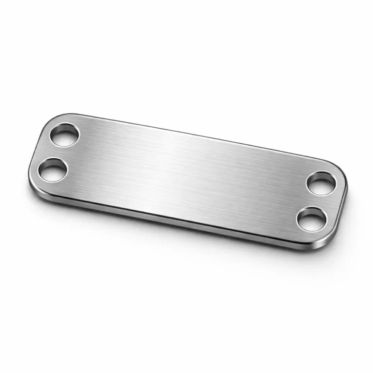 A realistic close-up of a brushed stainless steel bracelet tag with smooth rounded corners, double mounting holes, and a laser engraved blank emblem representing a serial number tag. Ideal for high-end jewelry identification.