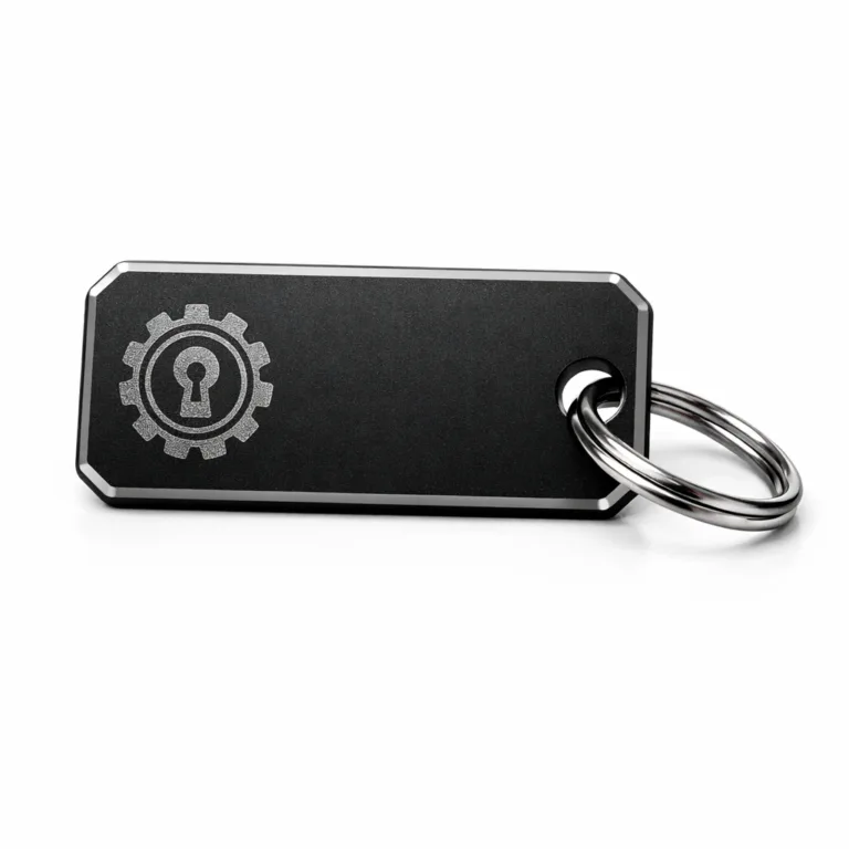 Serial Number Key Tag made from anodized aluminum with a sleek matte finish. Features a precision-etched blank emblem and refined beveled edges, complete with a split ring for easy use.