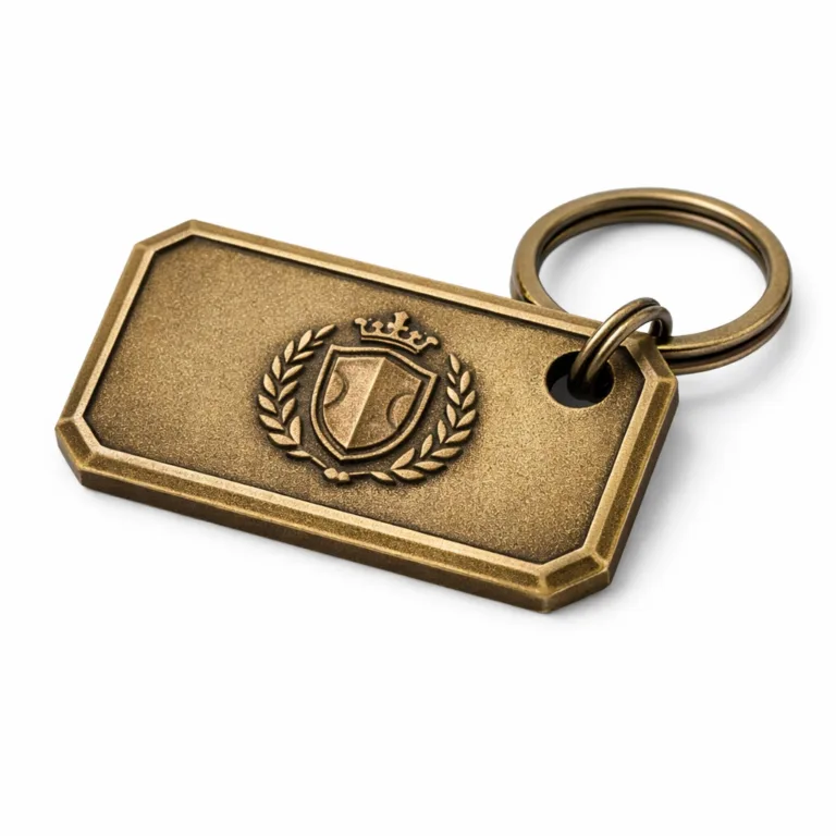 Serial Number Key Tag crafted from antique brass, featuring a sandblasted matte surface with distinctive chamfered edges and a bold embossed blank emblem design. Includes a classic split ring for attachment.