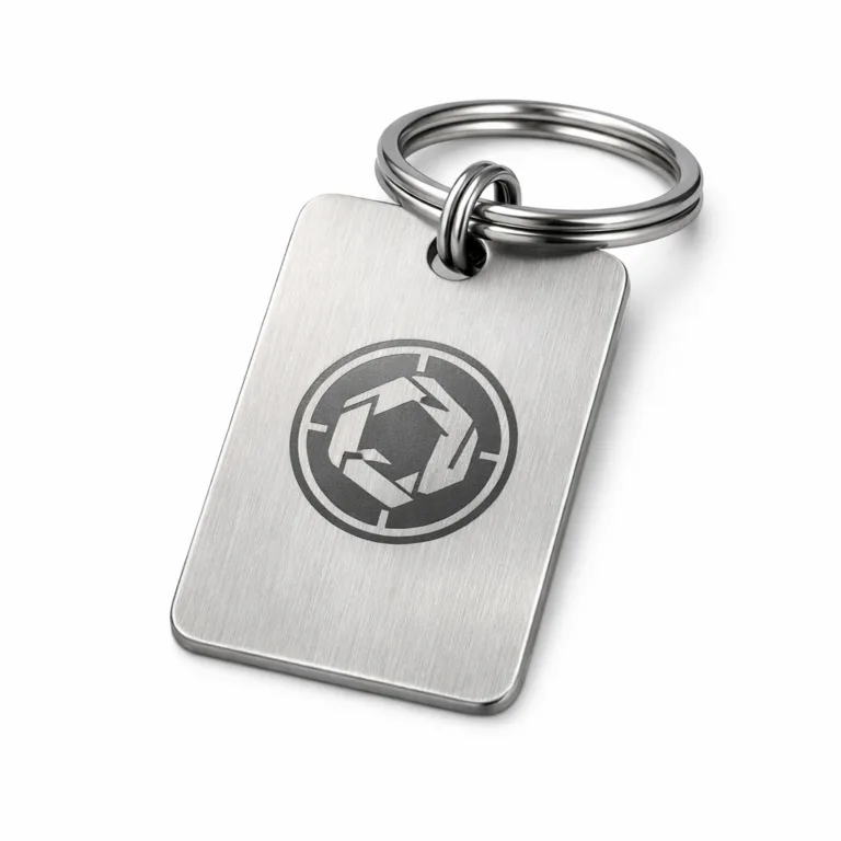 Serial Number Key Tag constructed from brushed stainless steel, featuring rounded corners and an elegant laser-engraved blank emblem design. Includes a sturdy split ring for convenient attachment.