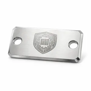 A high realism studio shot of a brushed stainless steel serial logo tag, featuring a beveled edge, two mounting holes, and an etched logo area. Ideal for product branding or identification.