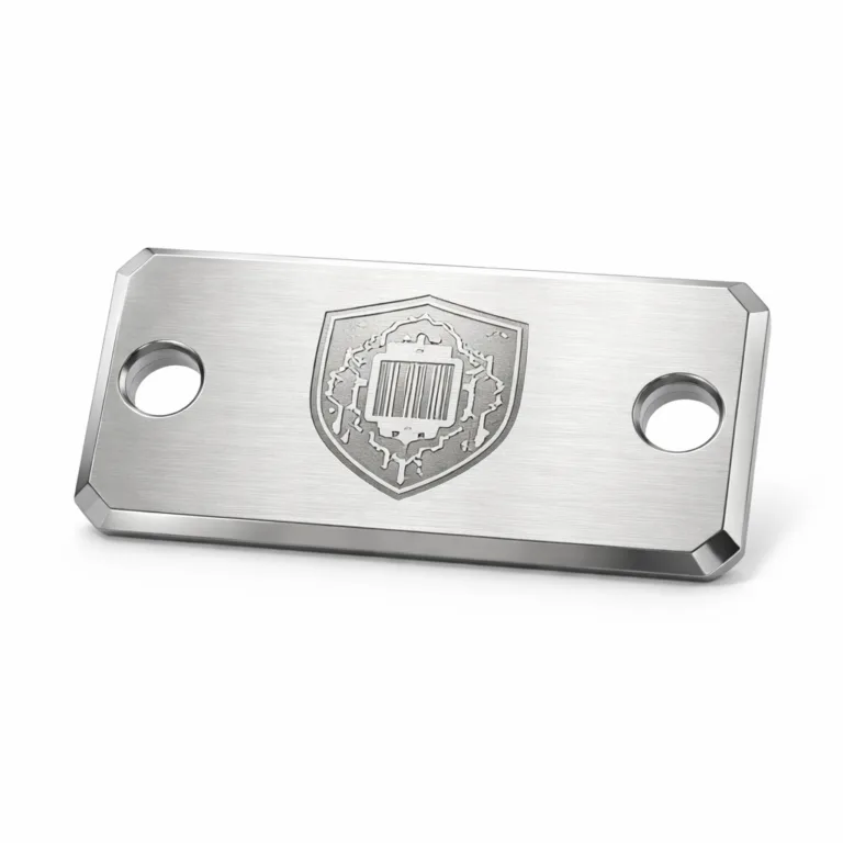 A high realism studio shot of a brushed stainless steel serial logo tag, featuring a beveled edge, two mounting holes, and an etched logo area. Ideal for product branding or identification.