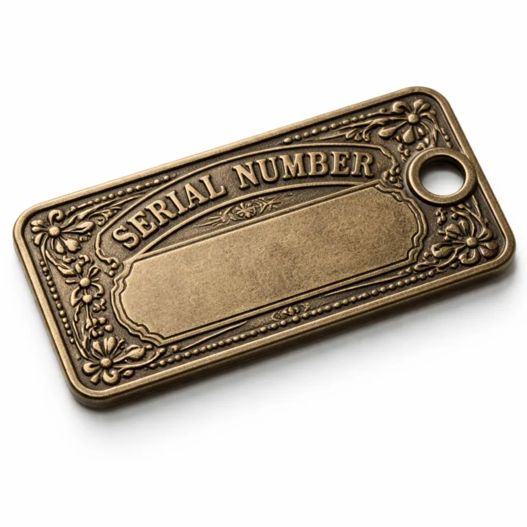 Embossed antique brass luggage tag for serial numbers, featuring classic aged texture and a single hole optimized for ball chain attachment, shot in a product studio.
