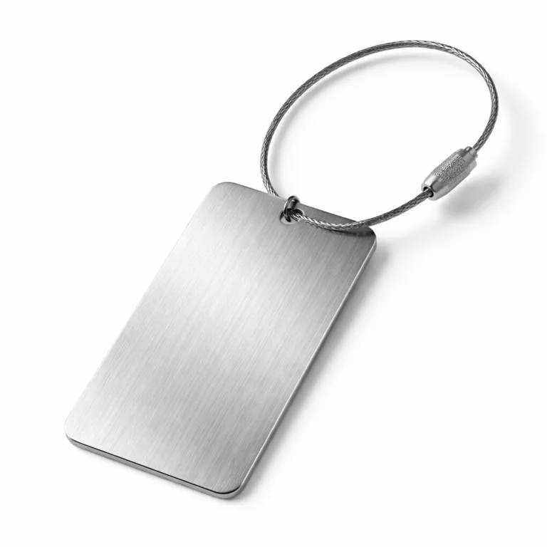 A brushed stainless steel luggage tag designed for serial numbers, with rounded corners and a crisp laser engraved face, photographed in a minimalist studio setup.
