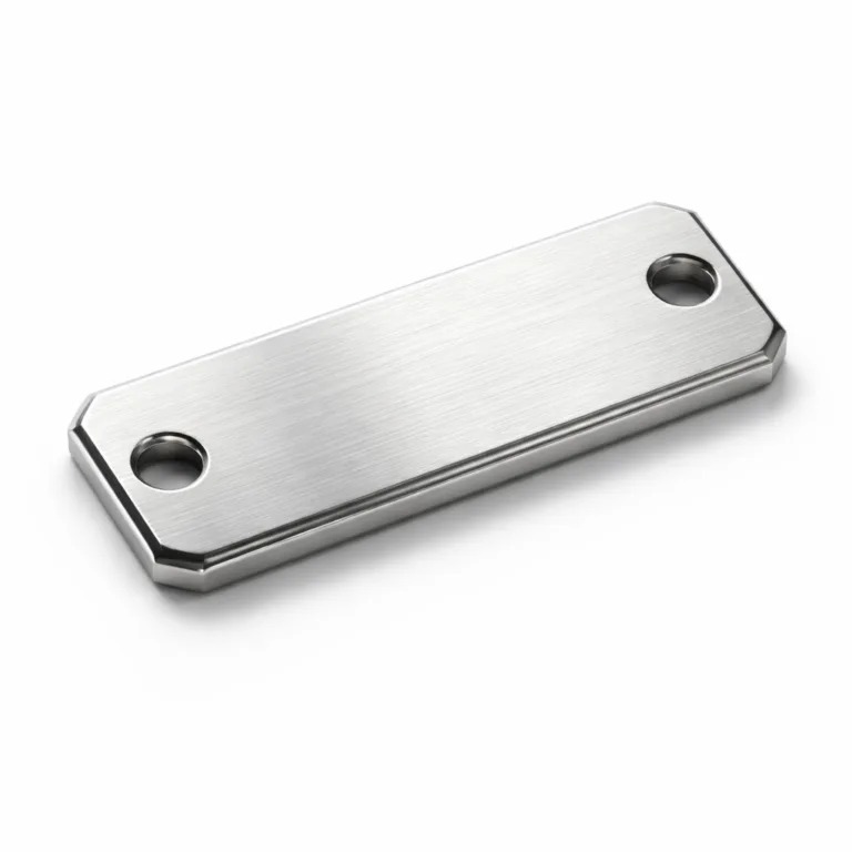 A rectangular brushed stainless steel garment tag featuring a beveled edge, double holes for fastening, and visible stamping and laser engraving. Ideal for professional garment marking.