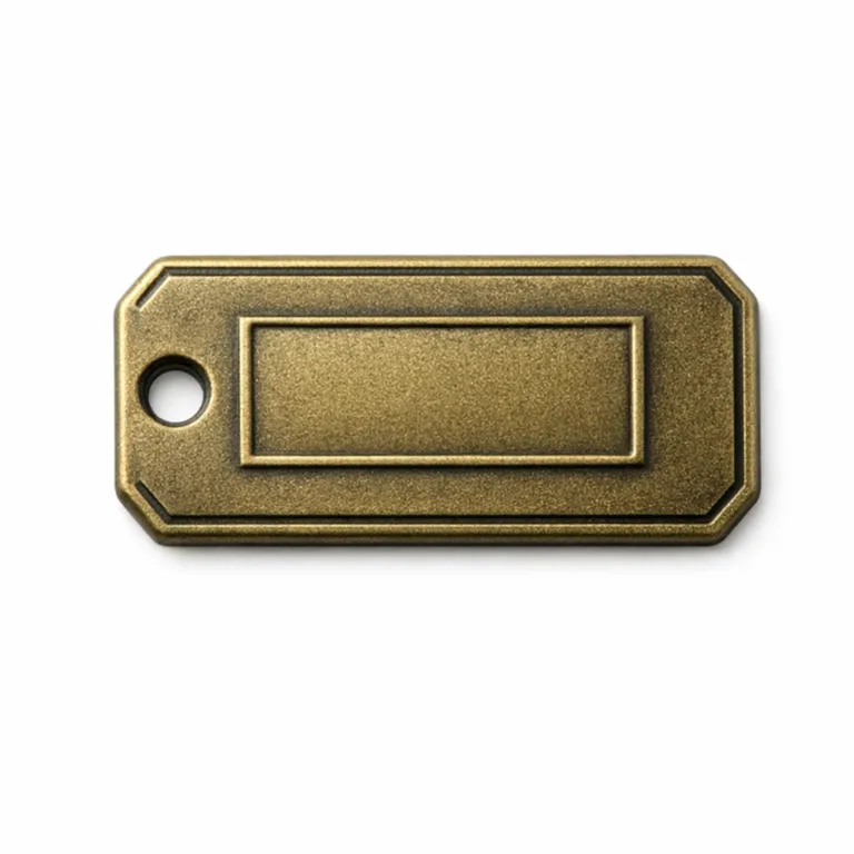 A classic antique brass wine tag with a sandblasted matte surface, embossed blank logo area, and a single hole for ball chain attachment. The image is optimized for professional e-commerce use.