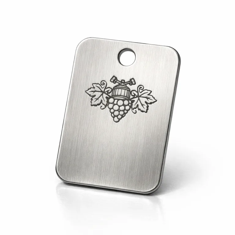 A brushed stainless steel serial number wine tag with rounded corners, single hole for chain attachment, and a laser engraved emblem area. The photo is highly detailed and studio-lit for an e-commerce ready presentation.