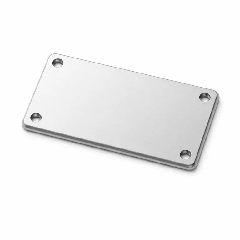 This variant showcases a lightweight matte anodized aluminum sew-on garment tag with a sleek rectangular shape, beveled edges for a refined look, and four pre-punched sew holes suitable for secure garment attachment.
