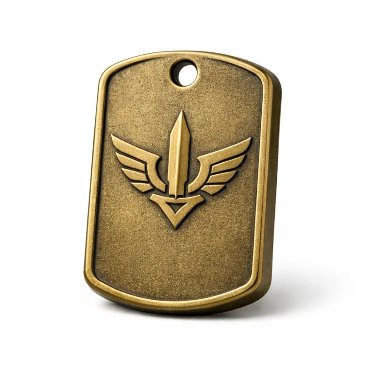 A Silent Edge dog tag in an antique brass finish, featuring a thicker profile and rounded corners, with a sandblasted matte texture and a subtle embossed blank emblem, offering a vintage yet functional appeal.