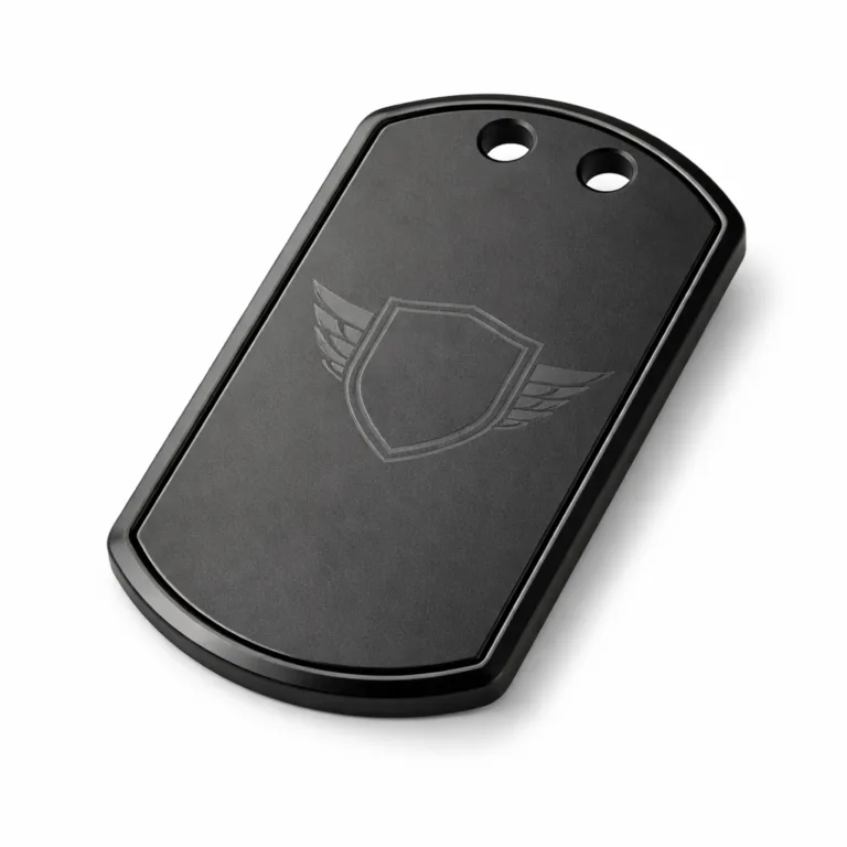 A Silent Edge dog tag crafted using matte black anodized aluminum, equipped with two holes for secure chain attachment, a beveled edge, and a laser-engraved blank emblem for a sleek, modern look.